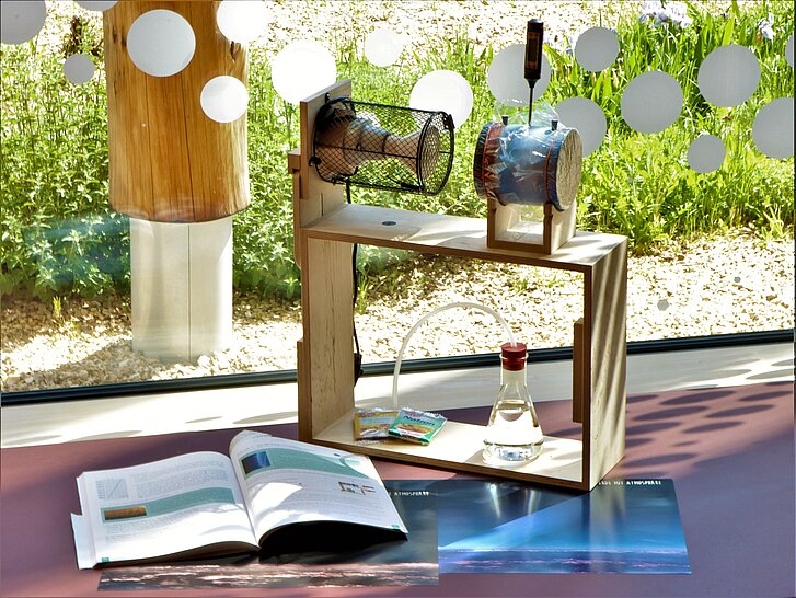 Ein Experiment, ein illustriertes Heft und einige Abbildungen aus dem Klimakoffer sind im museumspädagogischen Raum des NAWAREUMs aufgebaut.